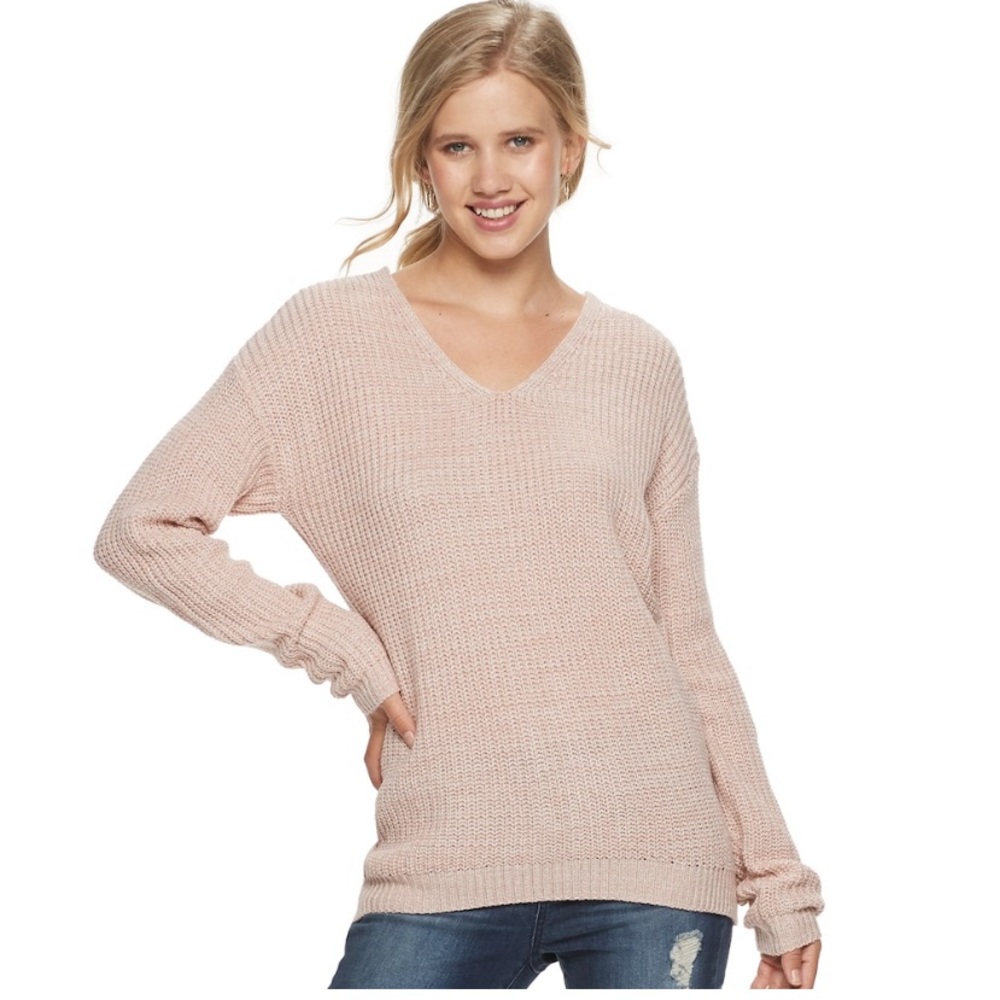 Pink Sweater Lace Up Back S Small NEW V Neck